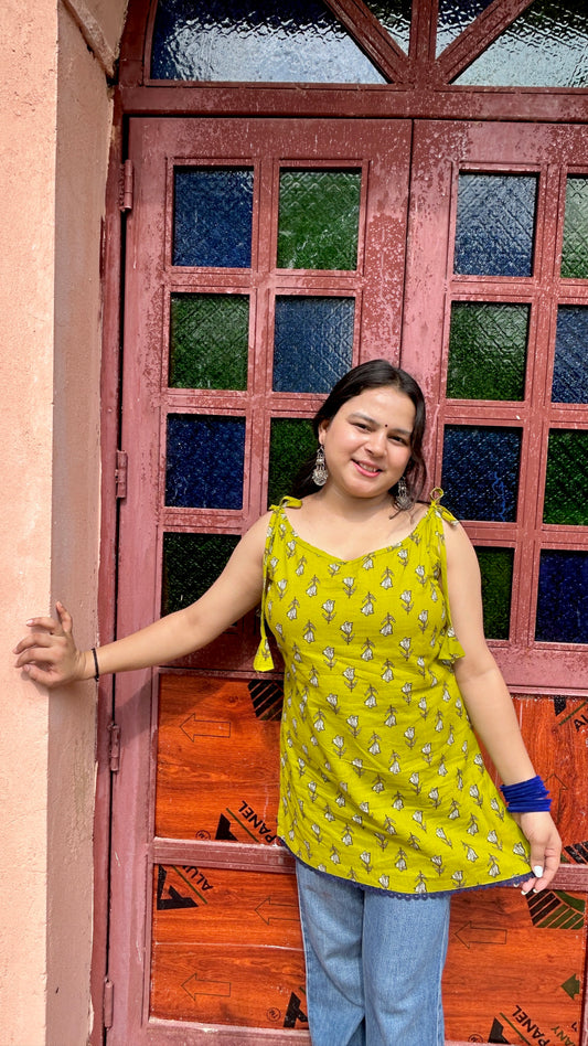 Phoolwari Boho-Bow Neck Cotton Kurti